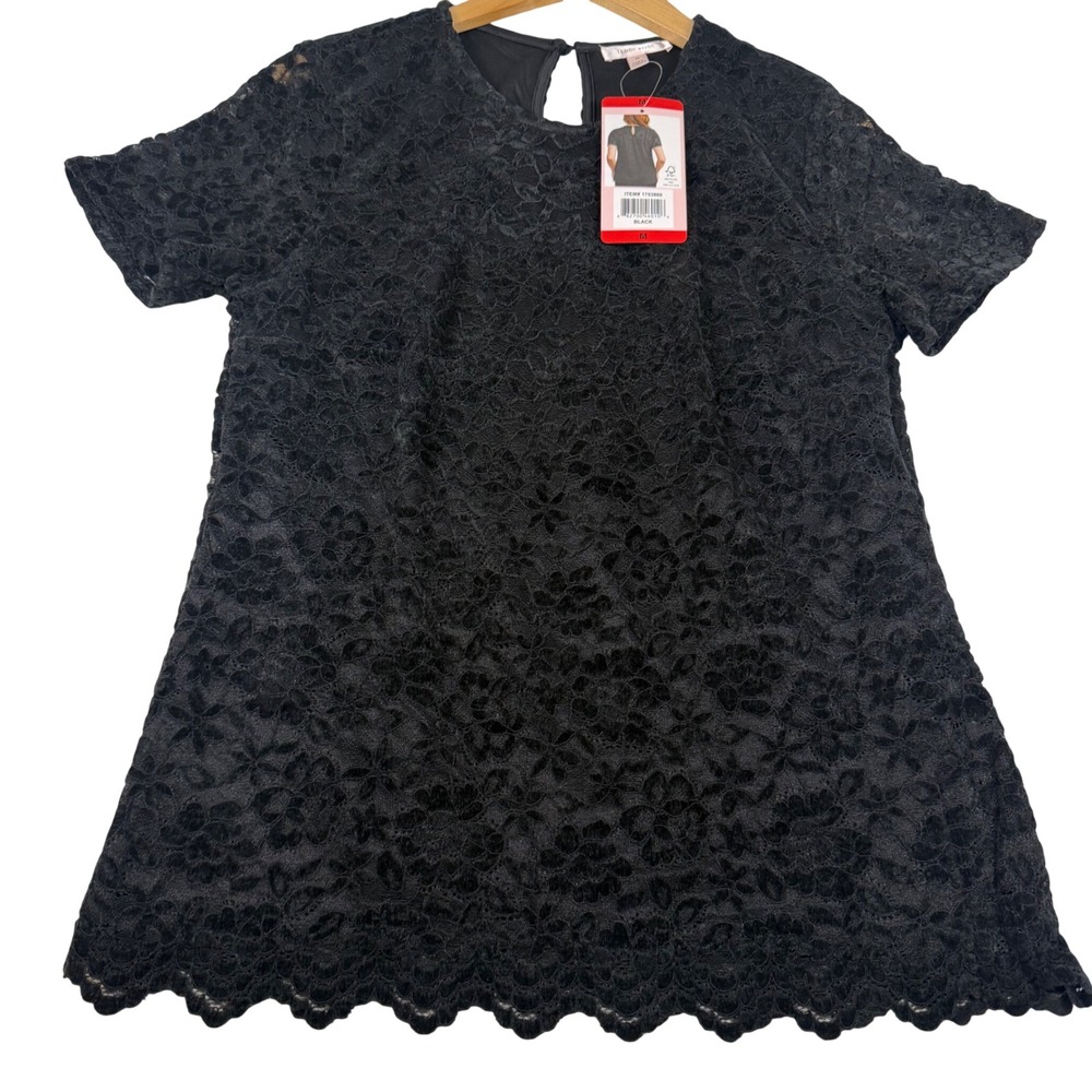 Teddi Rose Black Floral Lace Short Sleeve Top Scalloped Hem Size M NWT 1753860